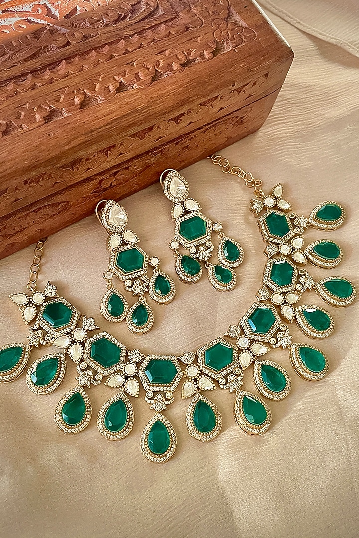 Gold Finish Green Kundan Polki Choker Necklace Set by Saga Jewels at Pernia's Pop Up Shop