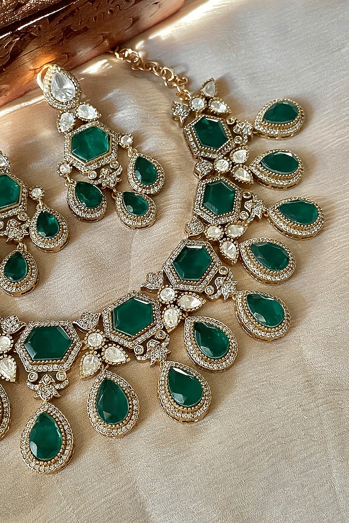 Gold Finish Green Kundan Polki Choker Necklace Set by Saga Jewels at Pernia's Pop Up Shop
