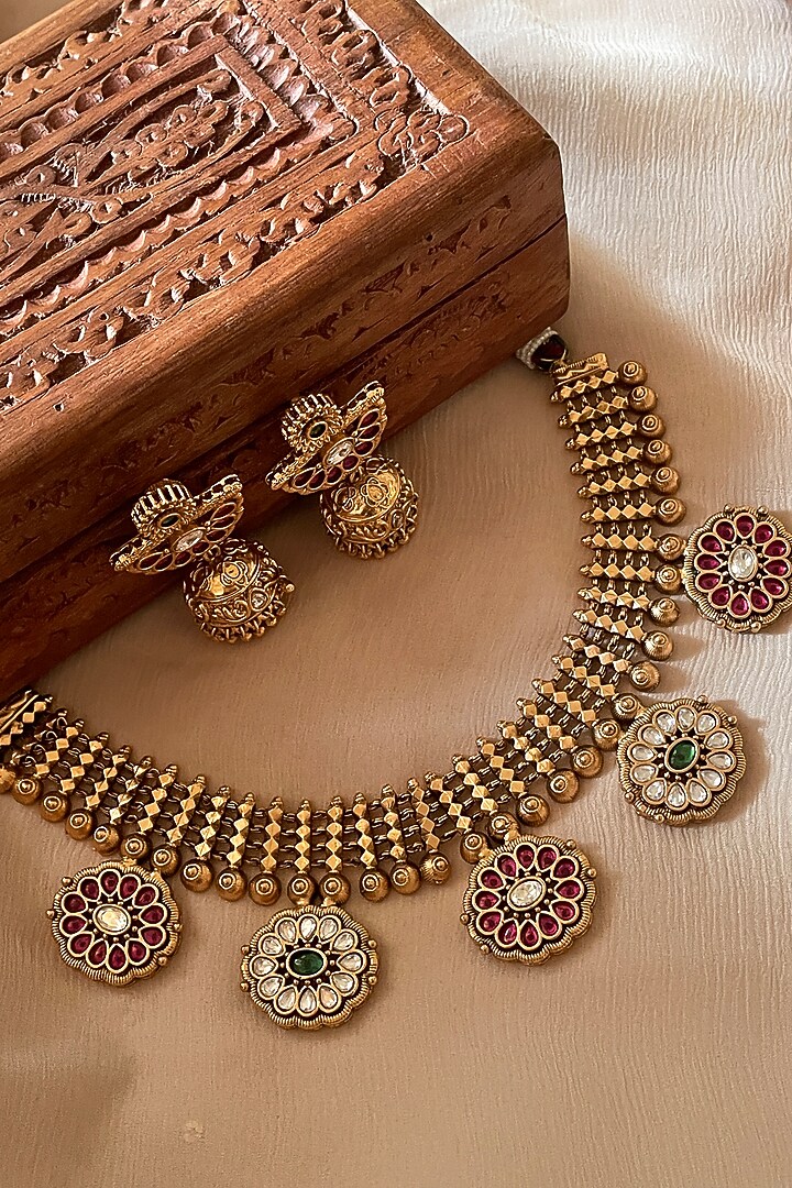 Gold Finish Multi-Colored Kundan Polki Choker Necklace Set by Saga Jewels at Pernia's Pop Up Shop