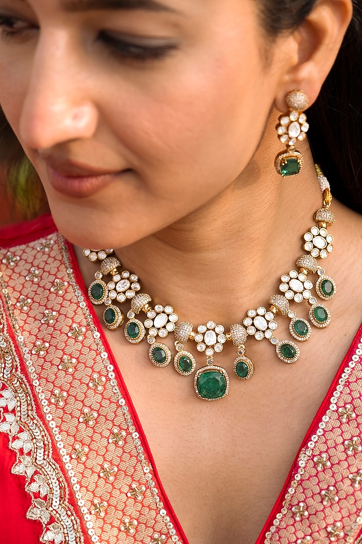 Gold Finish Green Kundan Polki Choker Necklace Set by Saga Jewels at Pernia's Pop Up Shop
