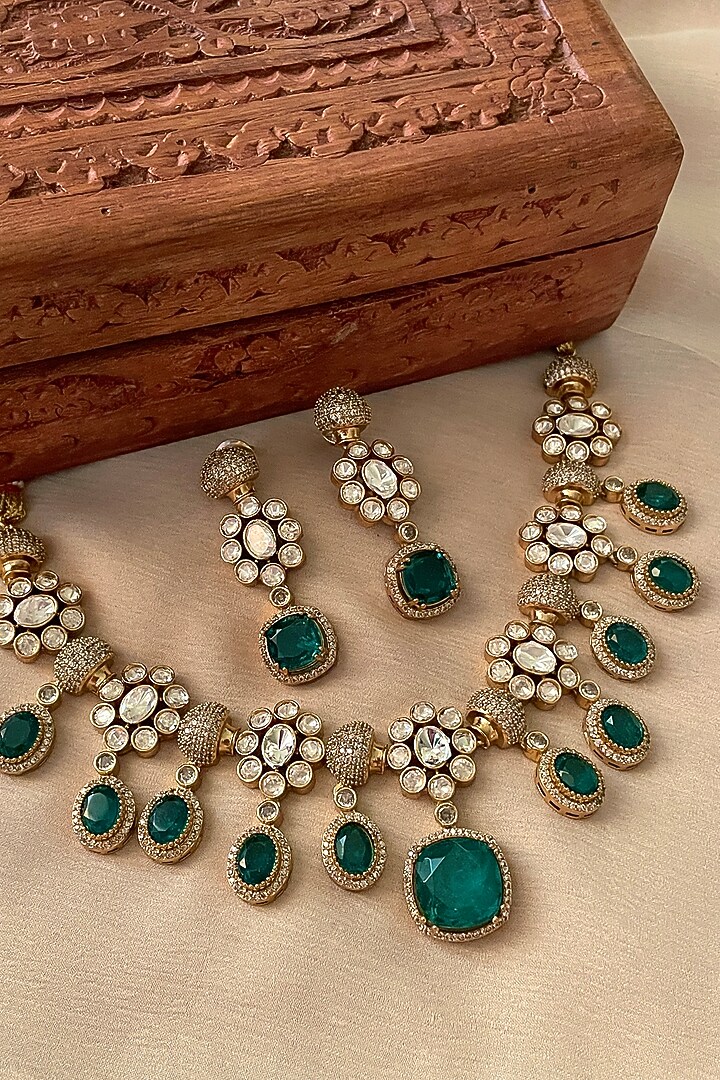 Gold Finish Green Kundan Polki Choker Necklace Set by Saga Jewels at Pernia's Pop Up Shop