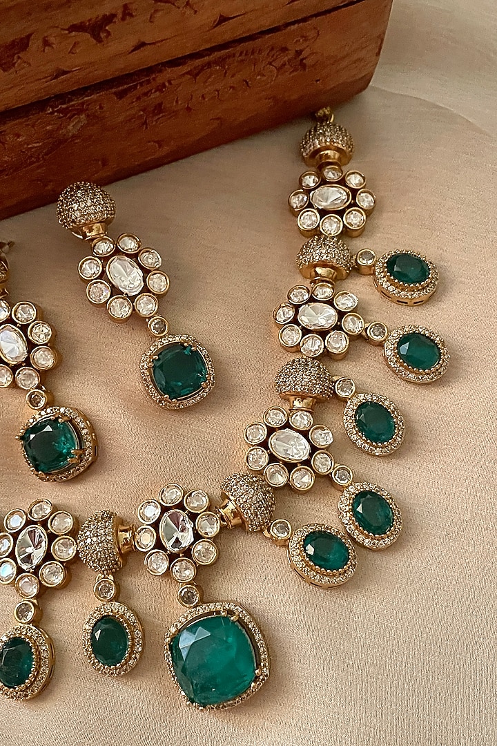 Gold Finish Green Kundan Polki Choker Necklace Set by Saga Jewels at Pernia's Pop Up Shop