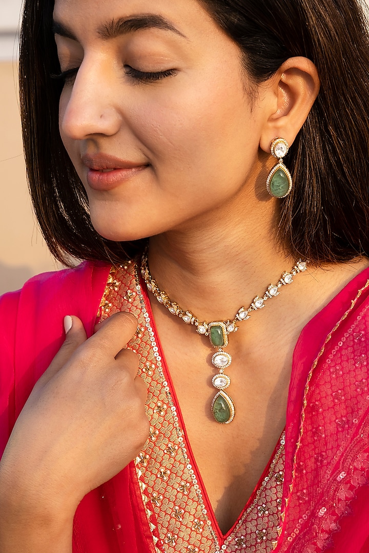 Gold Finish Green Kundan Polki Choker Necklace Set by Saga Jewels at Pernia's Pop Up Shop