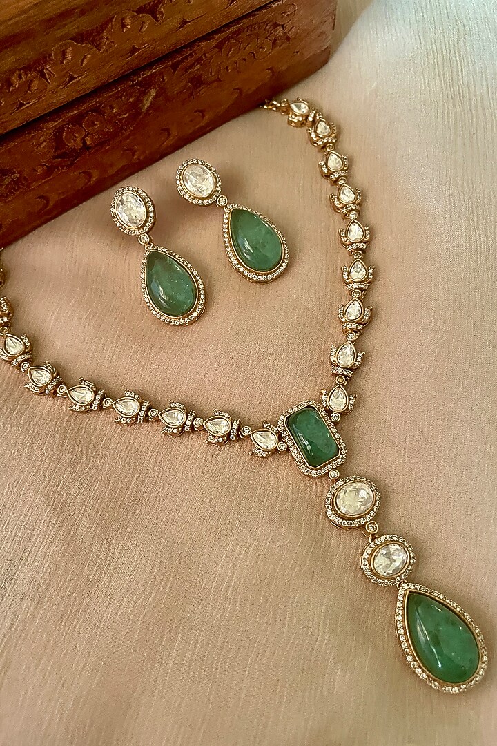 Gold Finish Green Kundan Polki Choker Necklace Set by Saga Jewels at Pernia's Pop Up Shop