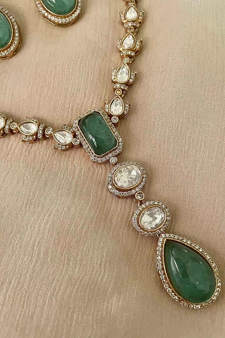 Gold Finish Green Kundan Polki Choker Necklace Set by Saga Jewels at Pernia's Pop Up Shop