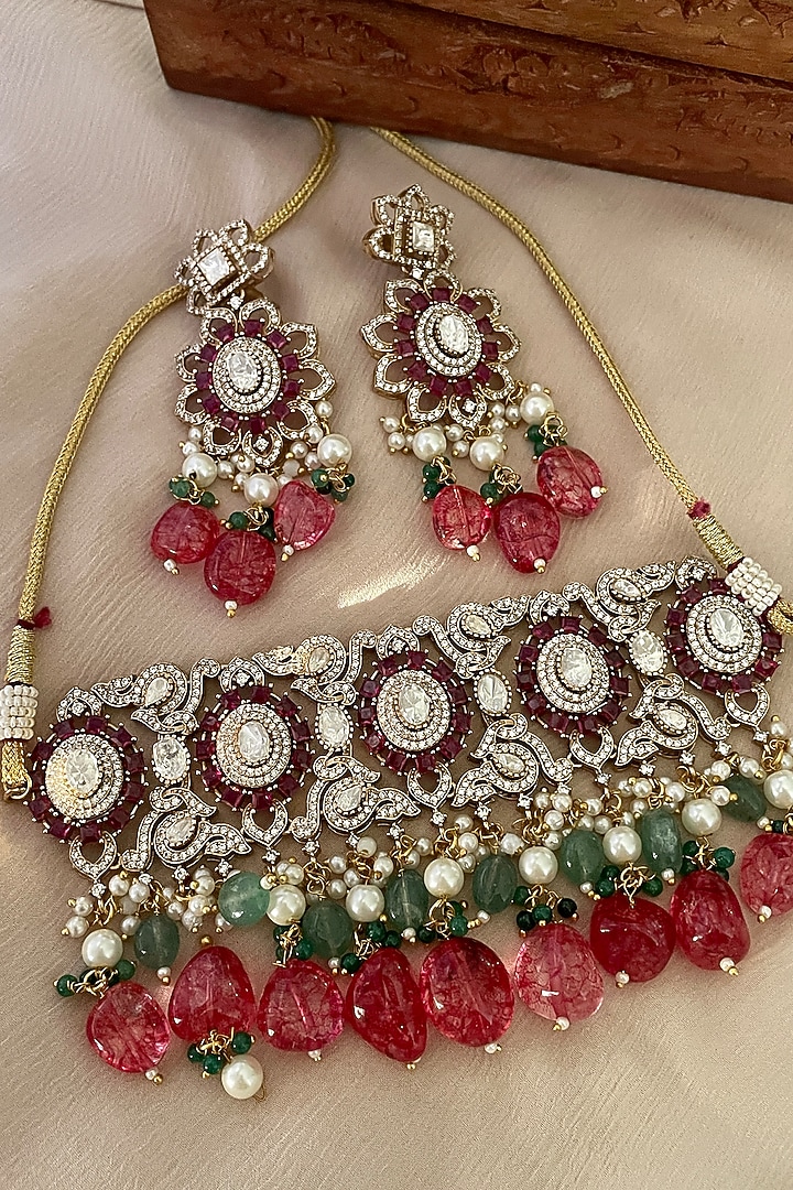 Gold Finish Green Kundan Polki & Ruby Choker Necklace Set by Saga Jewels at Pernia's Pop Up Shop