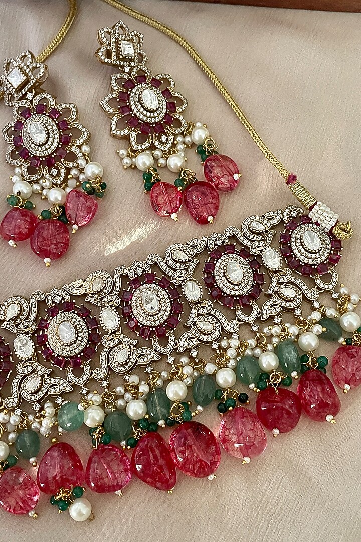 Gold Finish Green Kundan Polki & Ruby Choker Necklace Set by Saga Jewels at Pernia's Pop Up Shop