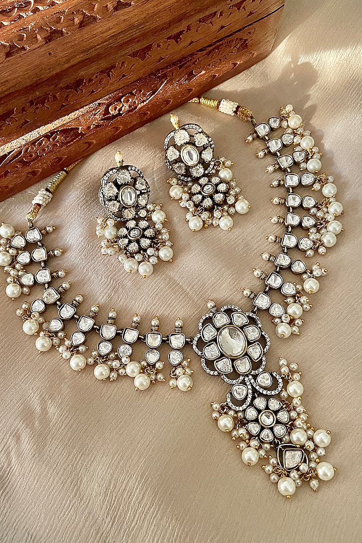 Gold Finish Kundan Polki & Pearl Choker Necklace Set by Saga Jewels at Pernia's Pop Up Shop