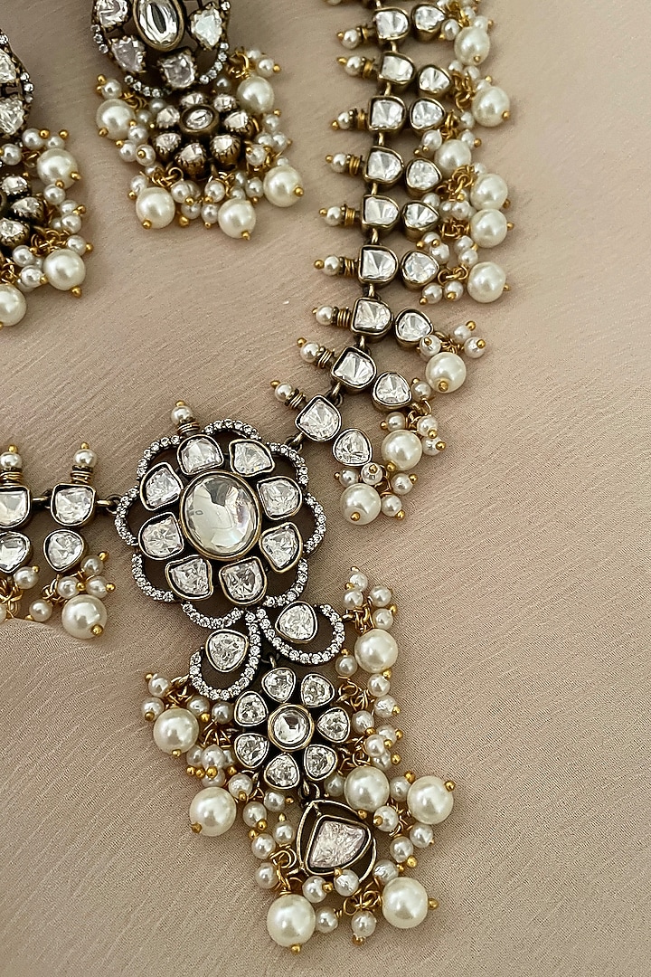 Gold Finish Kundan Polki & Pearl Choker Necklace Set by Saga Jewels at Pernia's Pop Up Shop