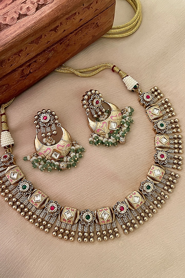 Gold Finish Green Kundan Polki Choker Necklace Set by Saga Jewels at Pernia's Pop Up Shop