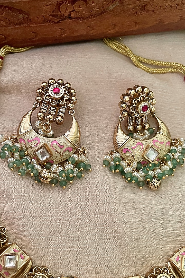 Gold Finish Green Kundan Polki Choker Necklace Set by Saga Jewels at Pernia's Pop Up Shop