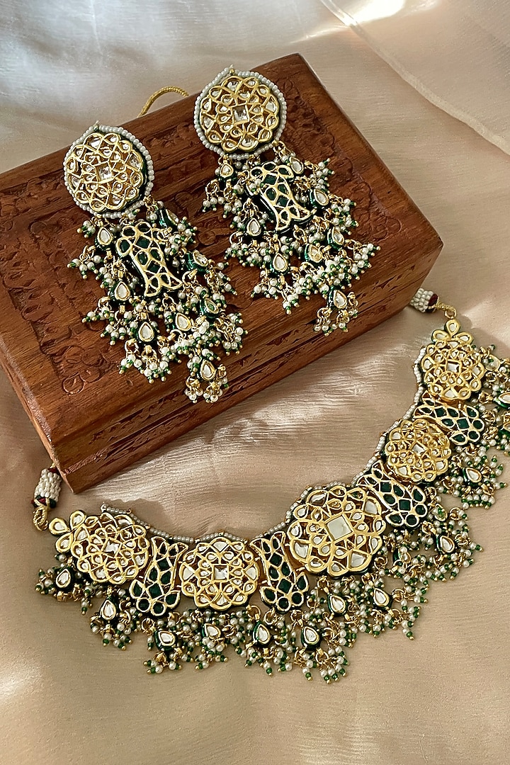 Gold Finish Green Kundan Polki Choker Necklace Set by Saga Jewels at Pernia's Pop Up Shop