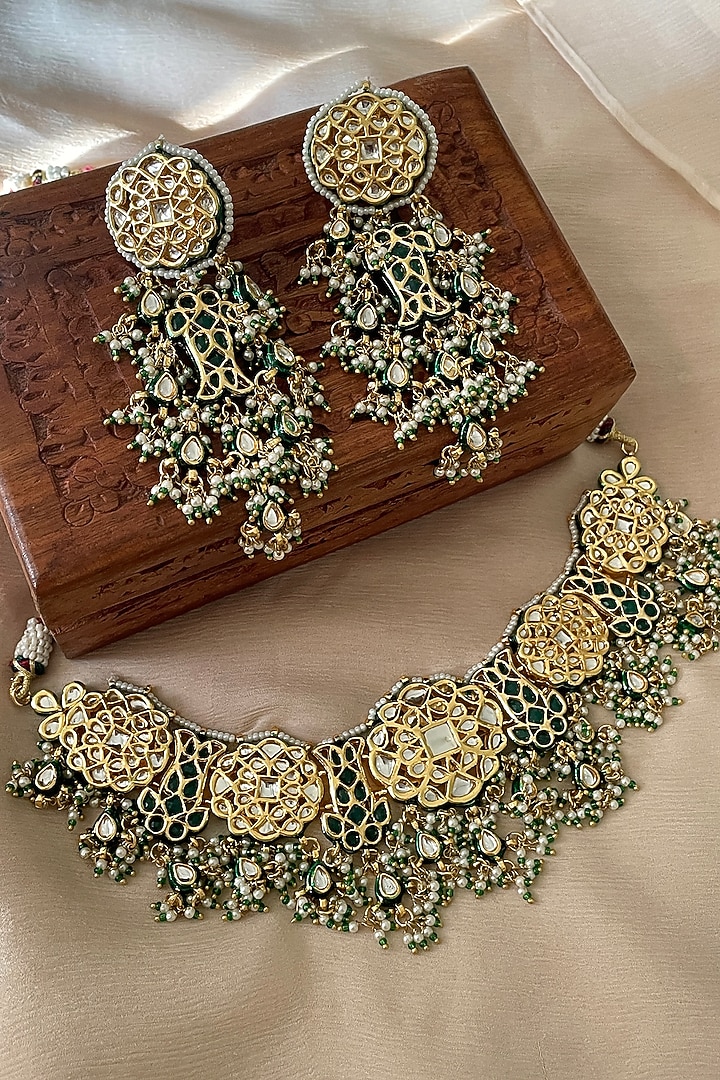 Gold Finish Green Kundan Polki Choker Necklace Set by Saga Jewels at Pernia's Pop Up Shop