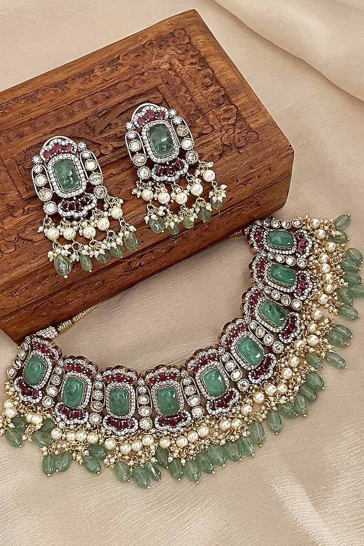 Gold Finish Green Kundan Polki Choker Necklace Set by Saga Jewels at Pernia's Pop Up Shop
