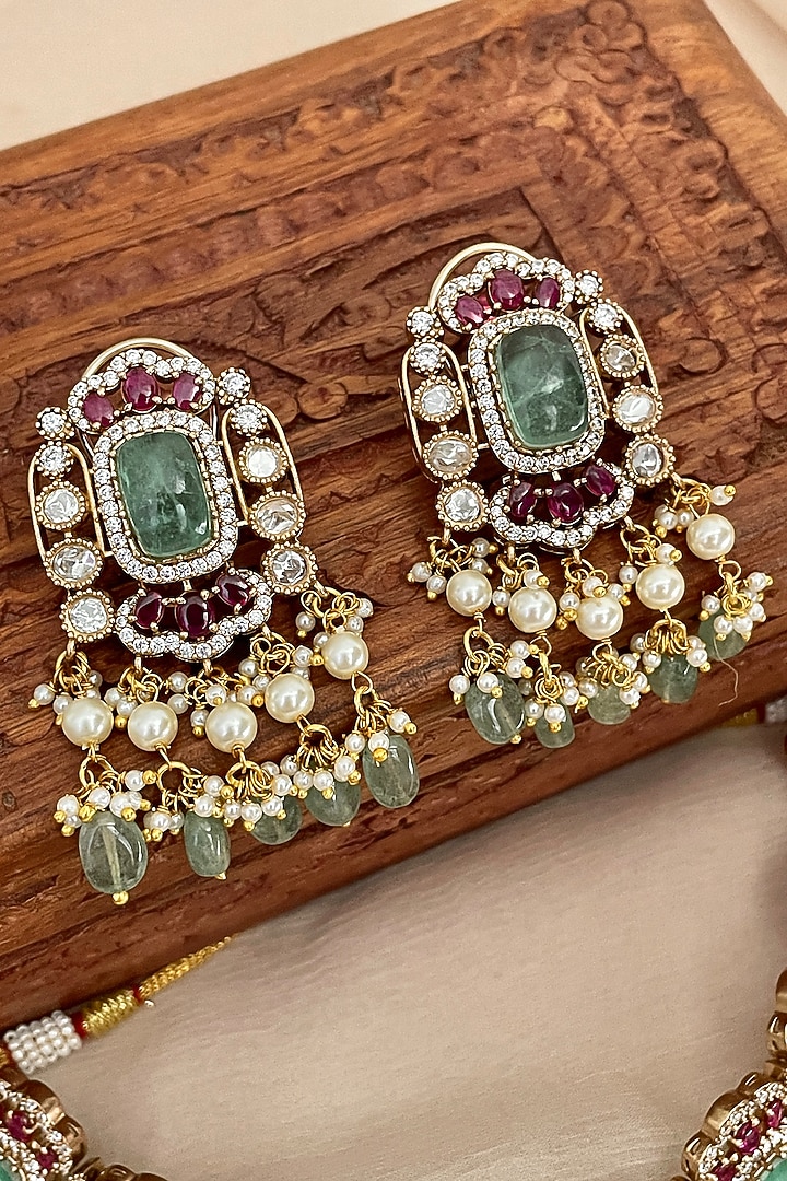 Gold Finish Green Kundan Polki Choker Necklace Set by Saga Jewels at Pernia's Pop Up Shop