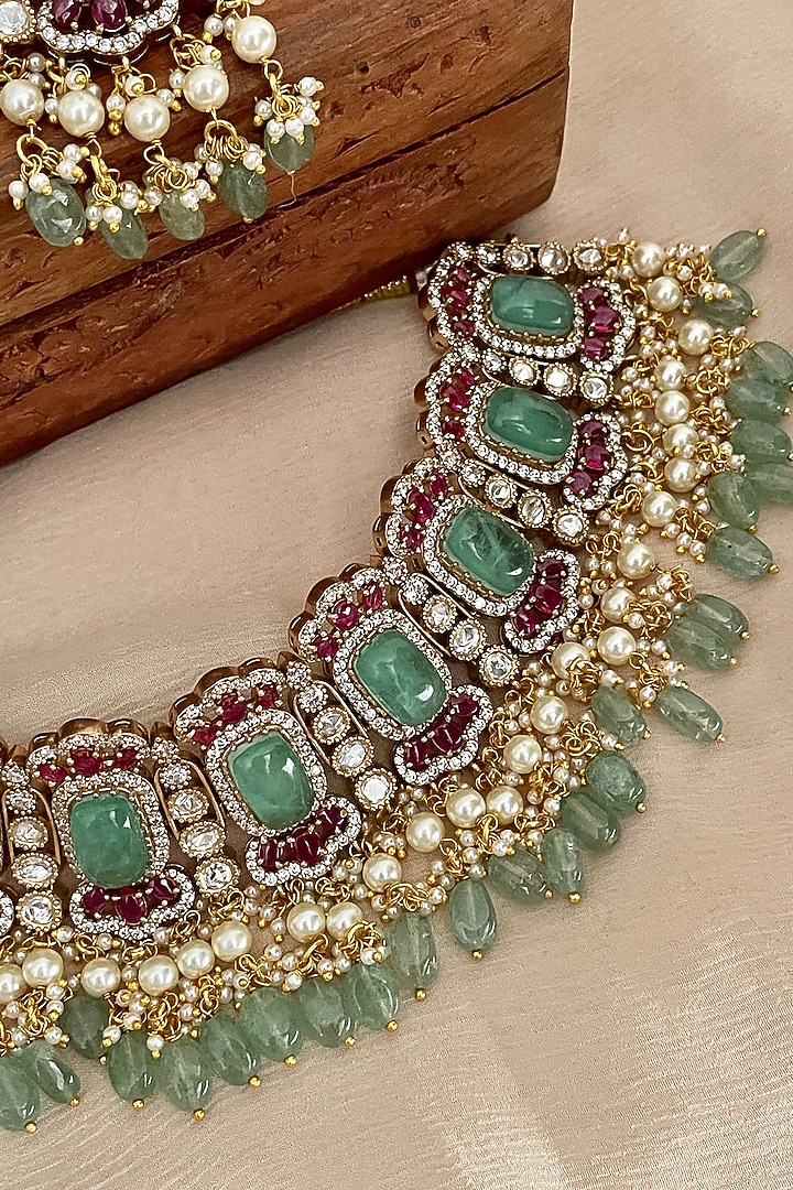 Gold Finish Green Kundan Polki Choker Necklace Set by Saga Jewels at Pernia's Pop Up Shop
