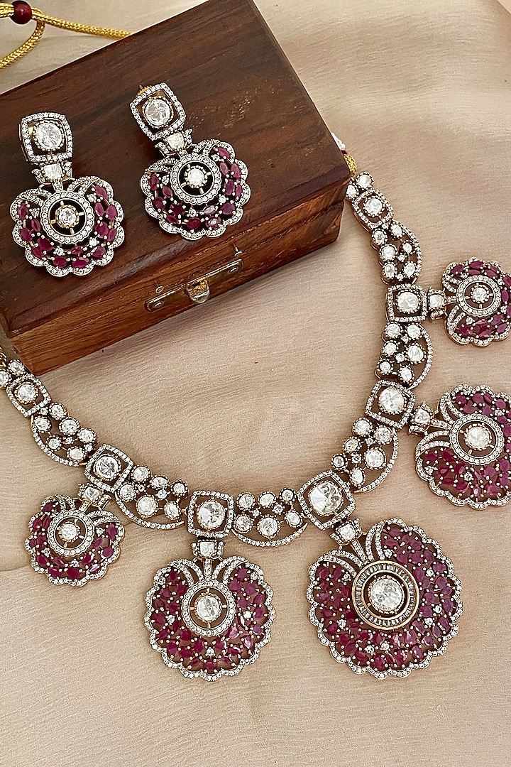 Gold Finish Kundan Polki & Ruby Stone Choker Necklace Set by Saga Jewels at Pernia's Pop Up Shop