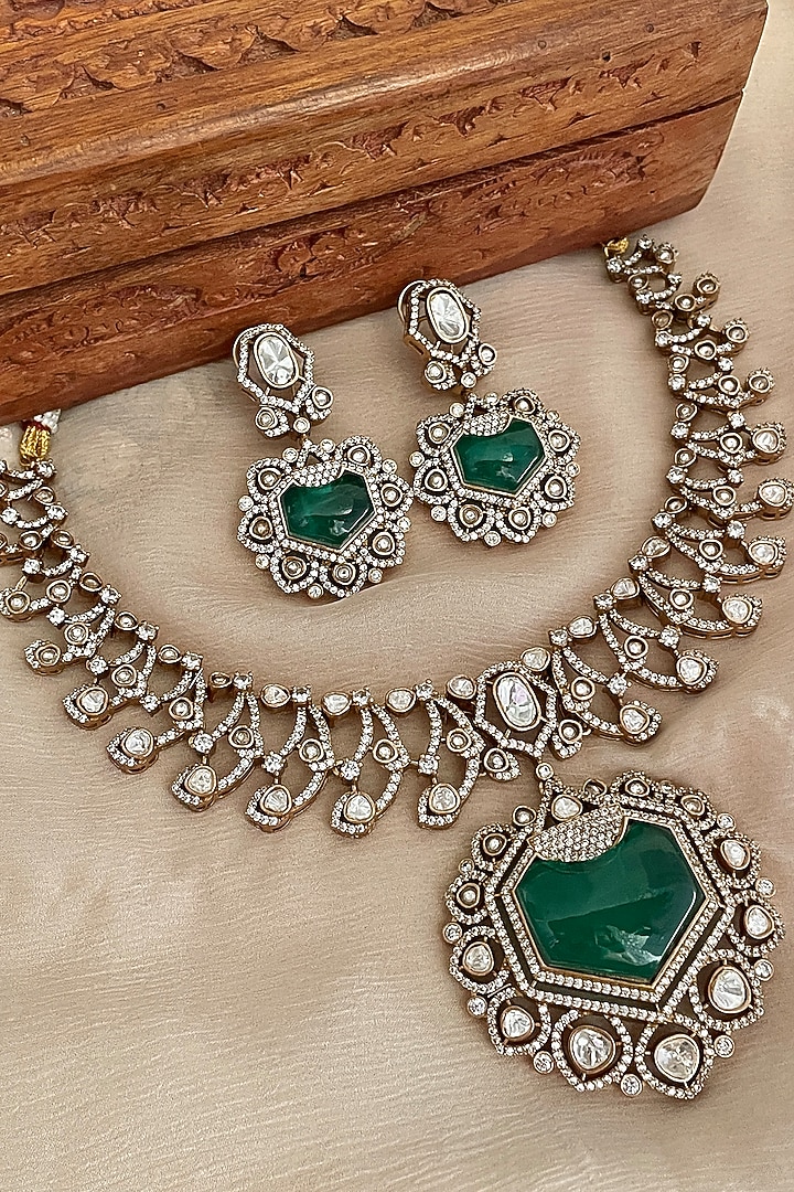 Gold Finish Kundan Polki & Green Stone Choker Necklace Set by Saga Jewels at Pernia's Pop Up Shop