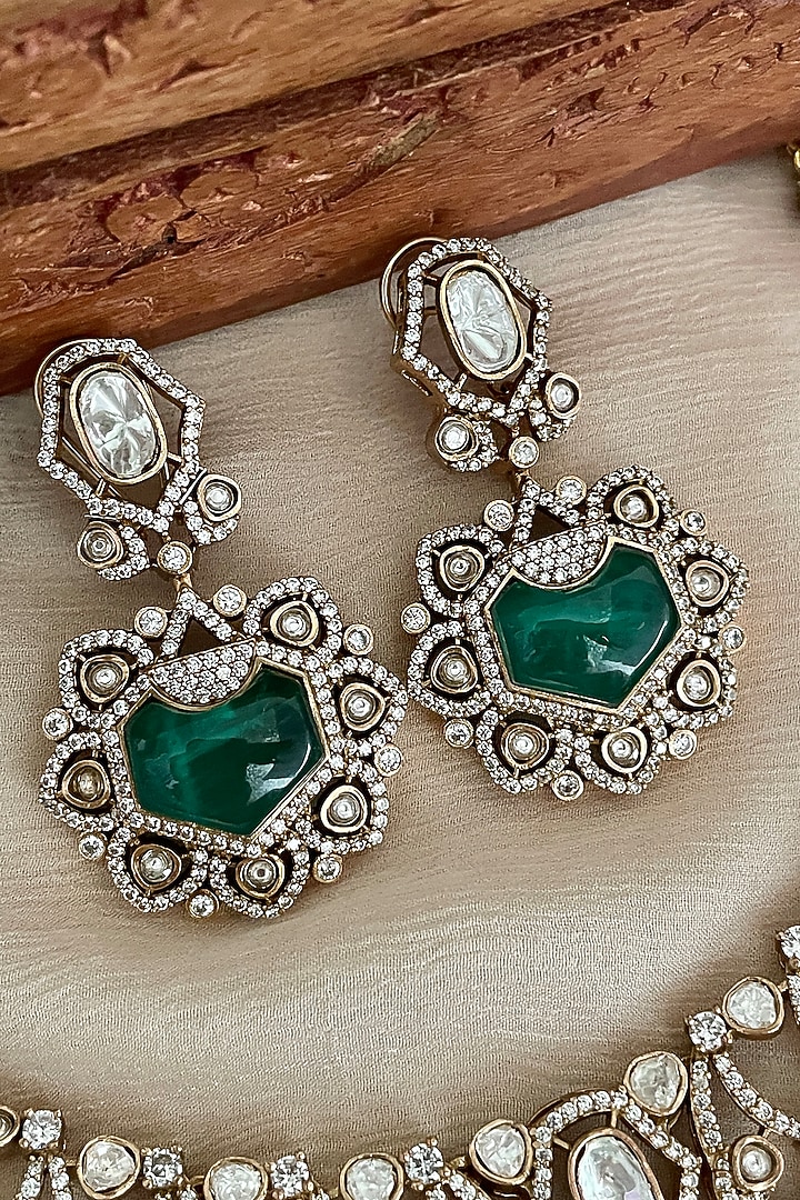 Gold Finish Kundan Polki & Green Stone Choker Necklace Set by Saga Jewels at Pernia's Pop Up Shop