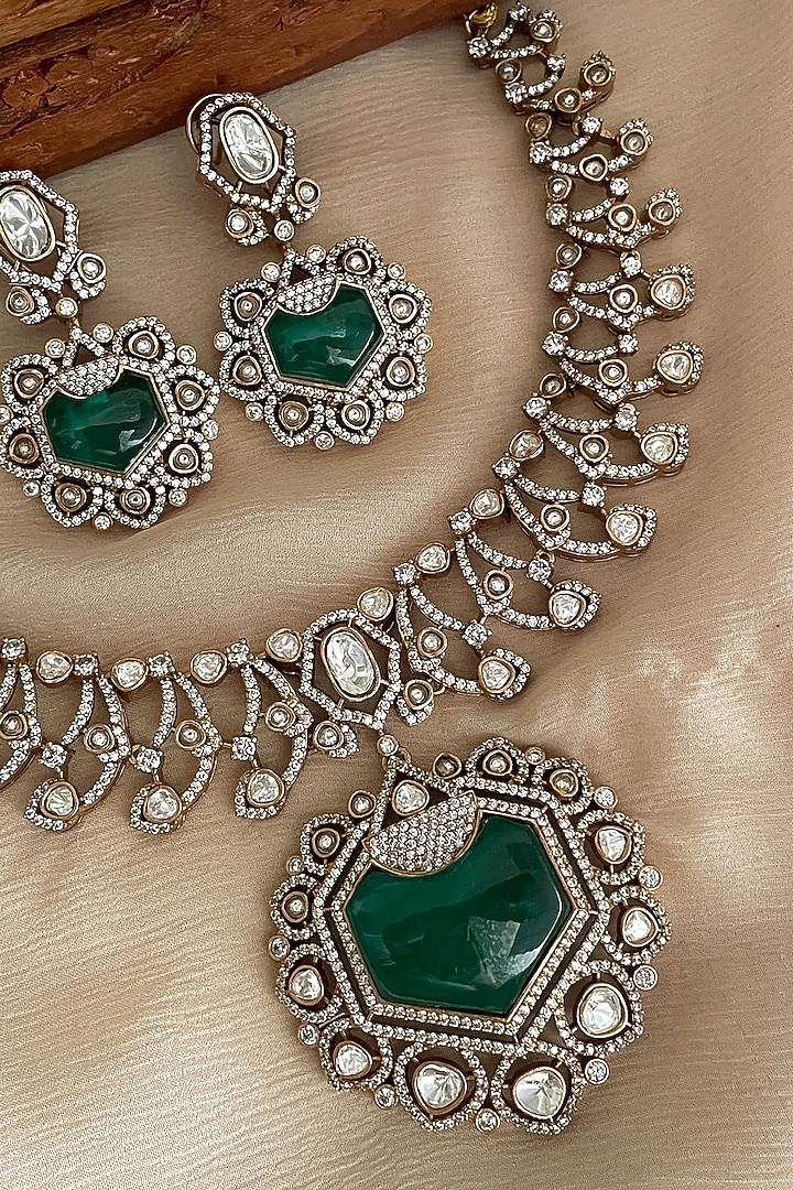 Gold Finish Kundan Polki & Green Stone Choker Necklace Set by Saga Jewels at Pernia's Pop Up Shop