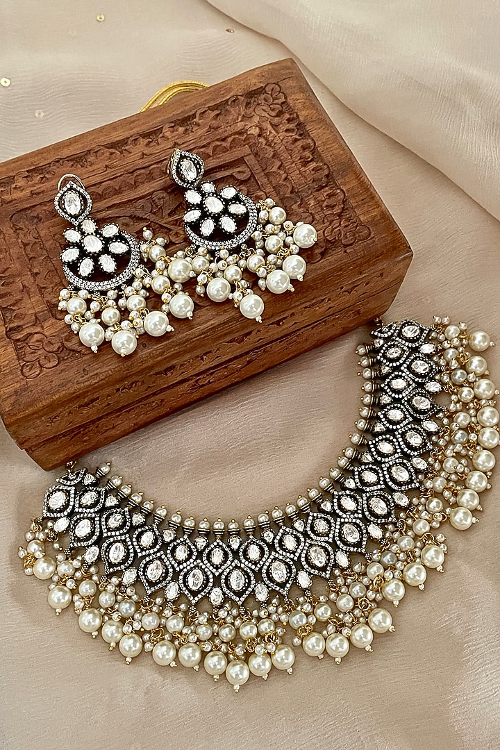 Gold Finish Kundan Polki & Pearl Choker Necklace Set by Saga Jewels at Pernia's Pop Up Shop