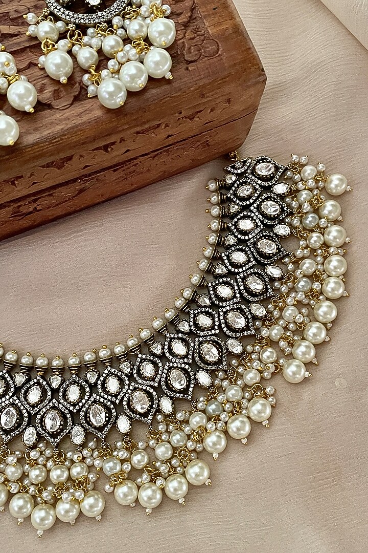 Gold Finish Kundan Polki & Pearl Choker Necklace Set by Saga Jewels at Pernia's Pop Up Shop