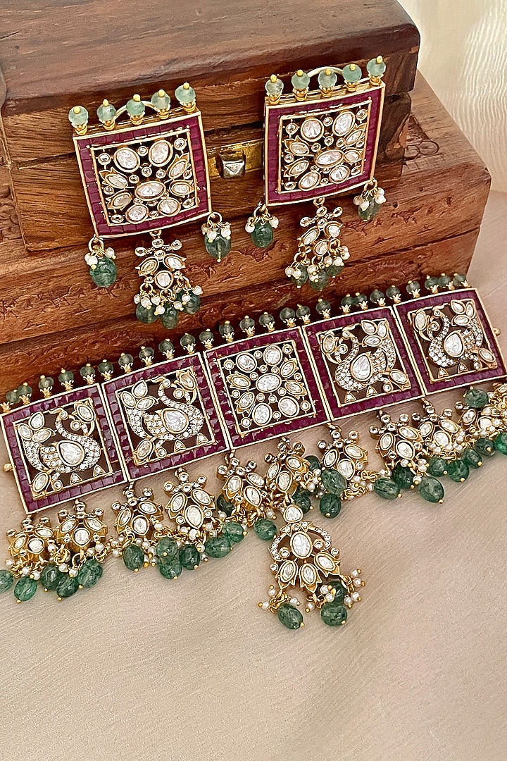 Gold Finish Multi-Colored Kundan Polki Choker Necklace Set by Saga Jewels at Pernia's Pop Up Shop