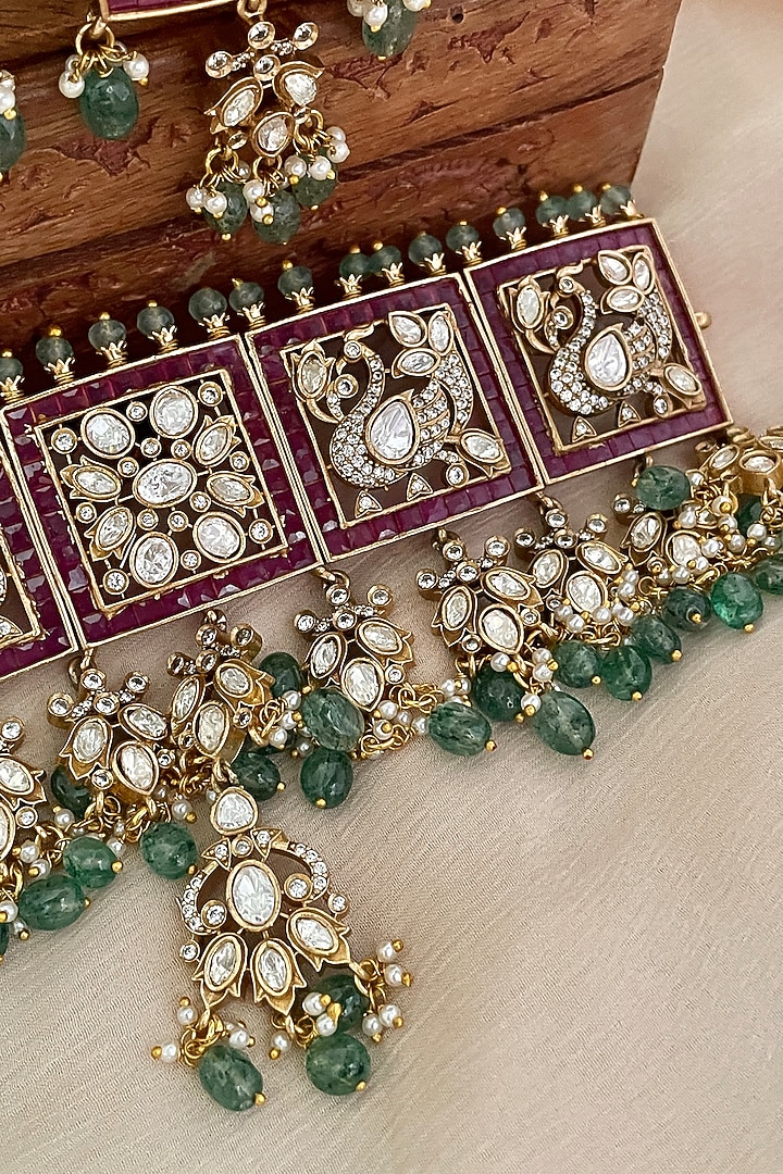 Gold Finish Multi-Colored Kundan Polki Choker Necklace Set by Saga Jewels at Pernia's Pop Up Shop