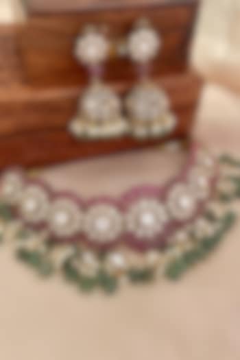 Gold Finish Ruby Stone & Kundan Polki Choker Necklace Set by Saga Jewels at Pernia's Pop Up Shop