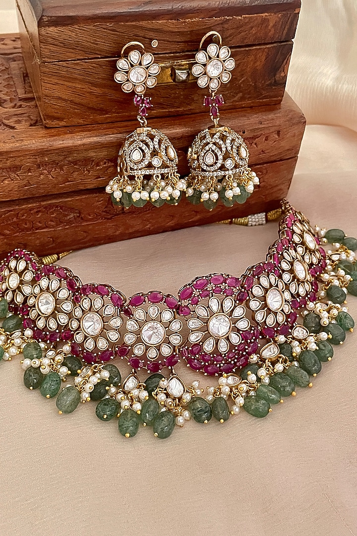 Gold Finish Ruby Stone & Kundan Polki Choker Necklace Set by Saga Jewels at Pernia's Pop Up Shop