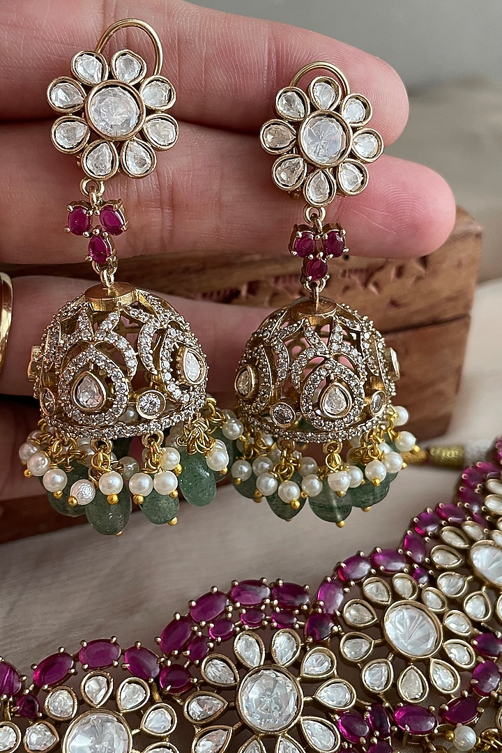 Gold Finish Ruby Stone & Kundan Polki Choker Necklace Set by Saga Jewels at Pernia's Pop Up Shop
