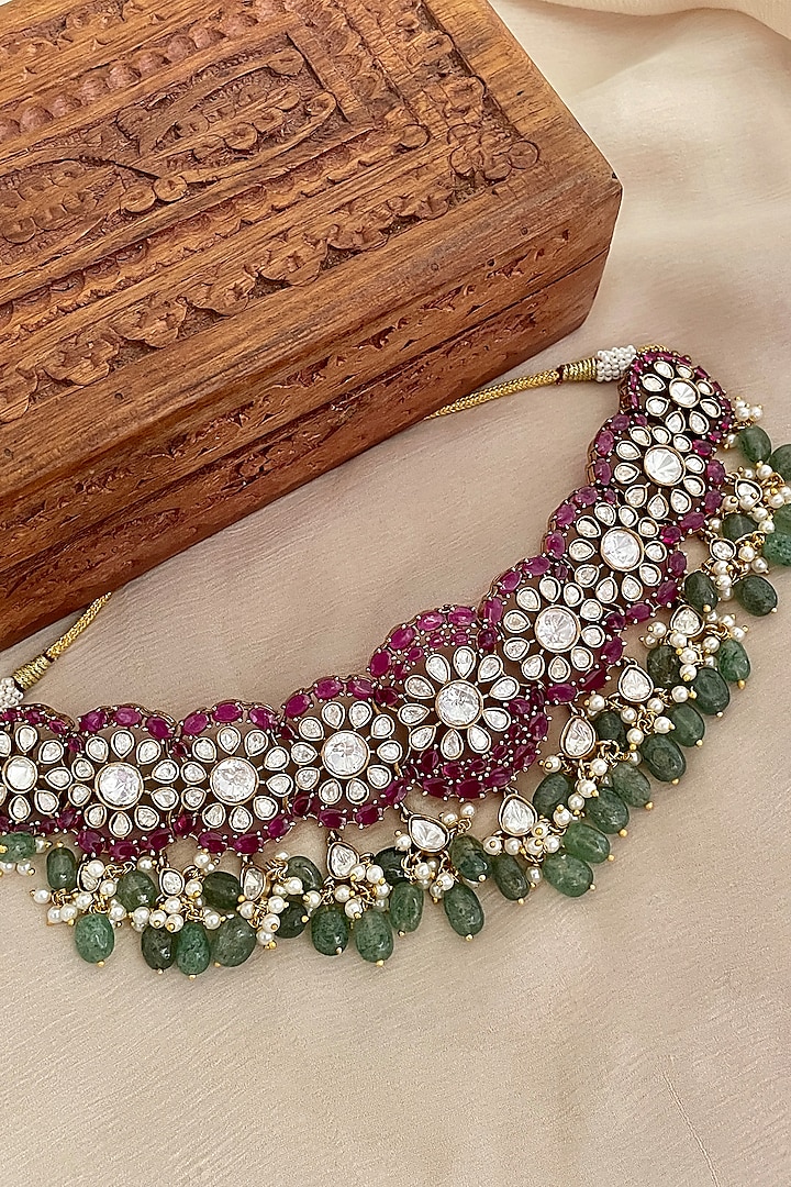 Gold Finish Ruby Stone & Kundan Polki Choker Necklace Set by Saga Jewels at Pernia's Pop Up Shop