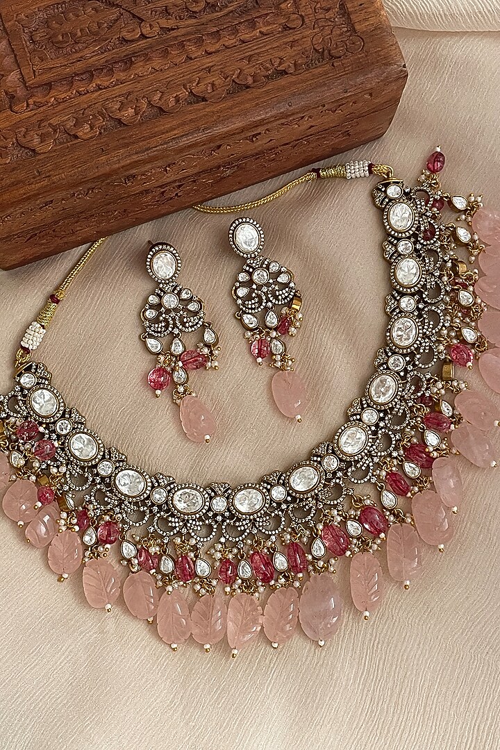 Gold Finish Kundan Polki & Blush Pink Beaded Choker Necklace Set by Saga Jewels at Pernia's Pop Up Shop