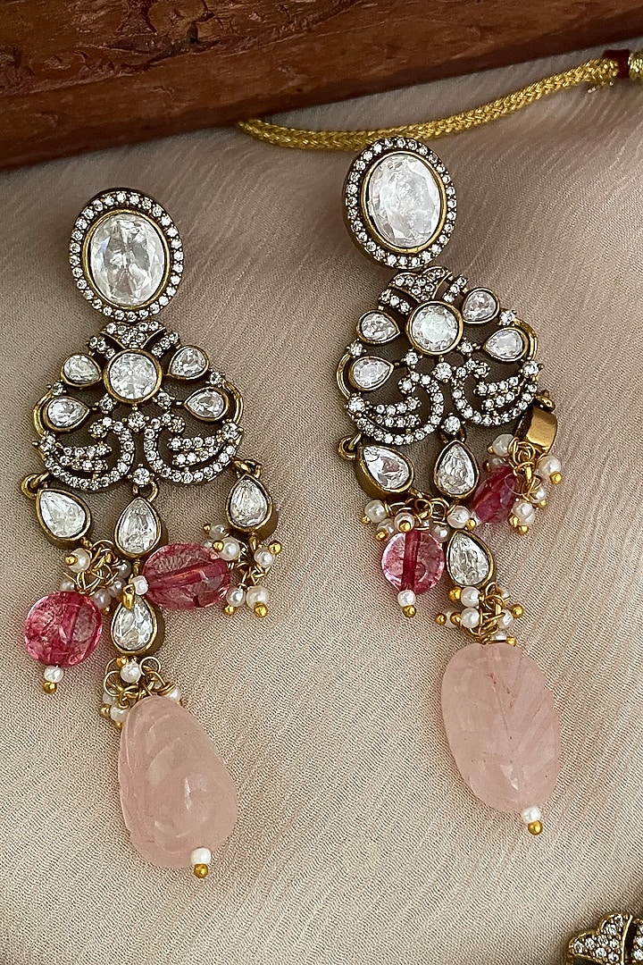 Gold Finish Kundan Polki & Blush Pink Beaded Choker Necklace Set by Saga Jewels at Pernia's Pop Up Shop