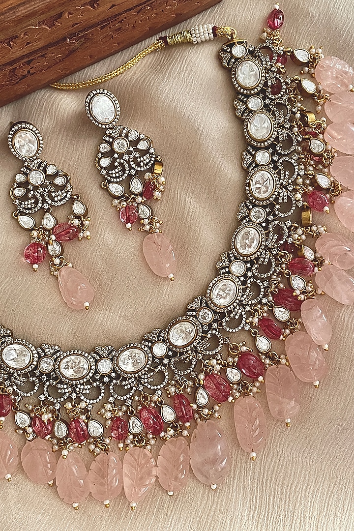 Gold Finish Kundan Polki & Blush Pink Beaded Choker Necklace Set by Saga Jewels at Pernia's Pop Up Shop