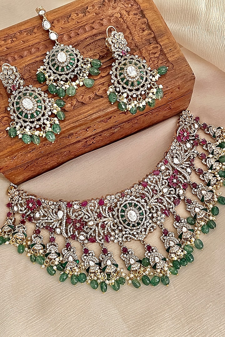 Gold Finish Pink Kundan Polki & Red Stone Choker Necklace Set by Saga Jewels at Pernia's Pop Up Shop