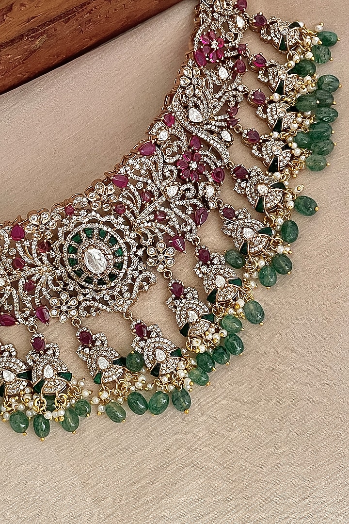 Gold Finish Pink Kundan Polki & Red Stone Choker Necklace Set by Saga Jewels at Pernia's Pop Up Shop