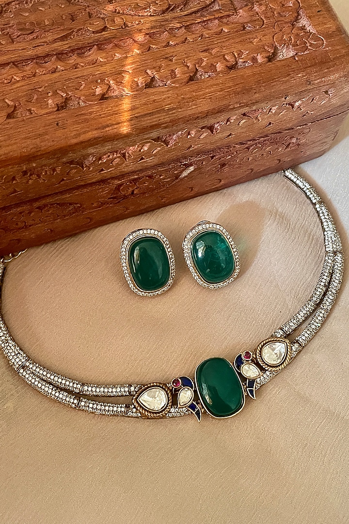 Gold Finish Green Kundan Polki & Parrot Motif Choker Necklace Set by Saga Jewels at Pernia's Pop Up Shop