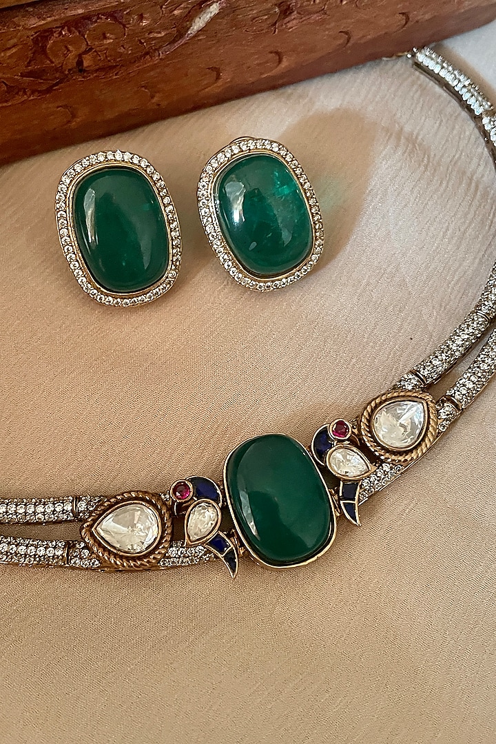 Gold Finish Green Kundan Polki & Parrot Motif Choker Necklace Set by Saga Jewels at Pernia's Pop Up Shop
