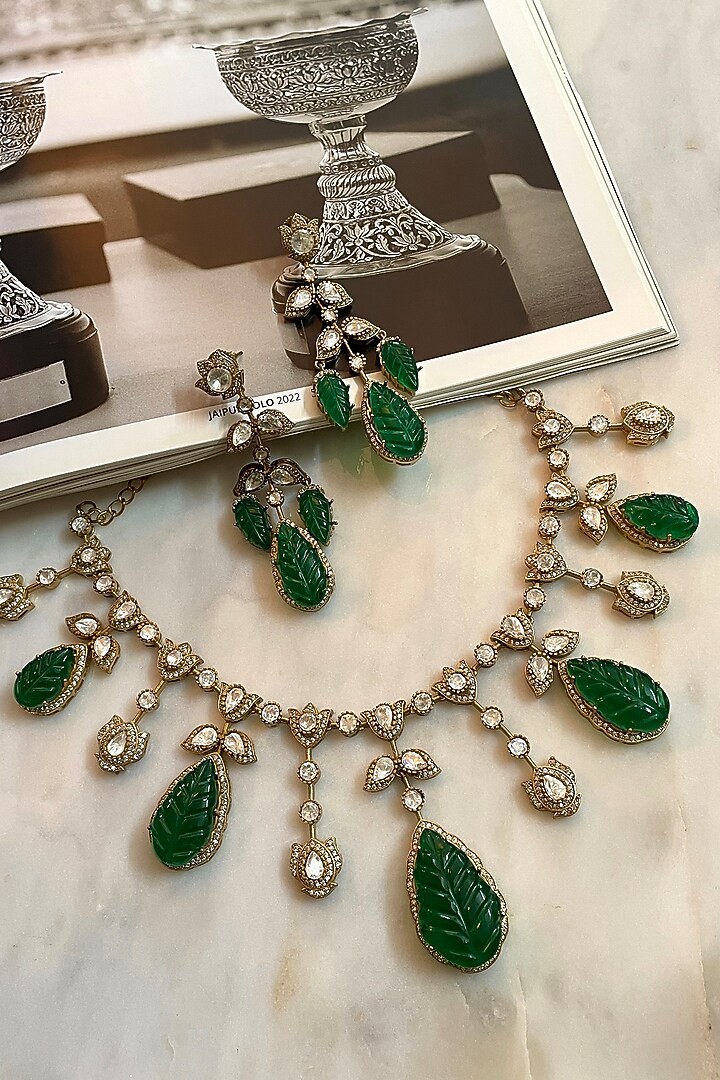 Gold Finish Kundan Polki & Green Stone Choker Necklace Set by Saga Jewels at Pernia's Pop Up Shop