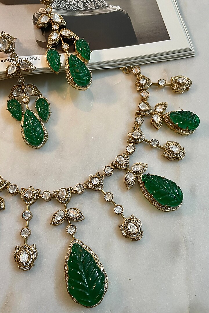 Gold Finish Kundan Polki & Green Stone Choker Necklace Set by Saga Jewels at Pernia's Pop Up Shop