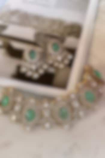 Gold Finish Blue Moissanite Polki Choker Necklace Set by Saga Jewels at Pernia's Pop Up Shop