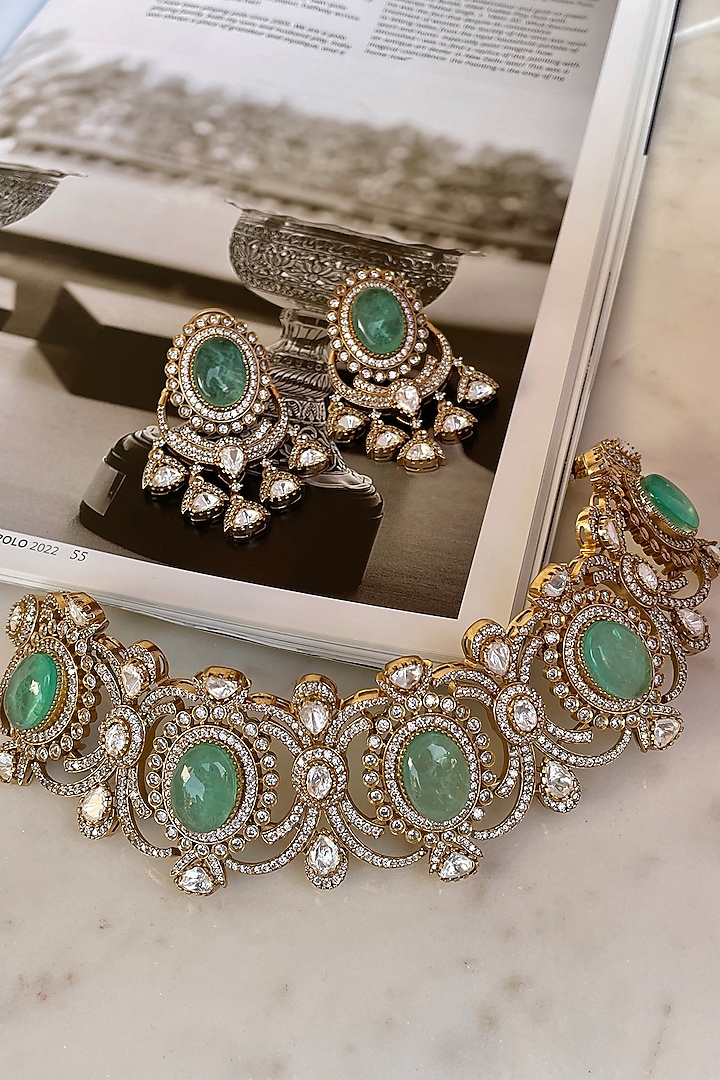 Gold Finish Blue Moissanite Polki Choker Necklace Set by Saga Jewels at Pernia's Pop Up Shop