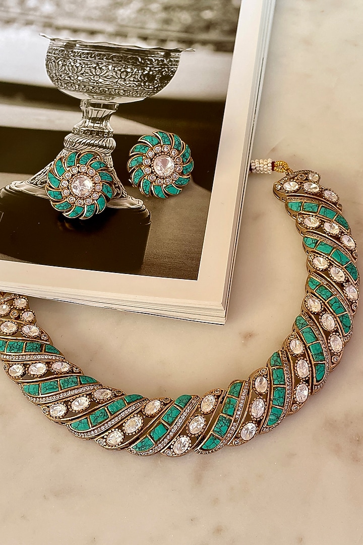 Gold Finish Kundan Polki & Turquoise Stone Choker Necklace Set by Saga Jewels at Pernia's Pop Up Shop