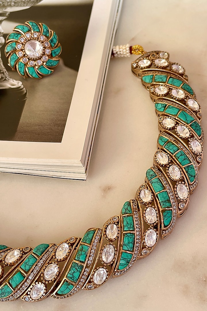Gold Finish Kundan Polki & Turquoise Stone Choker Necklace Set by Saga Jewels at Pernia's Pop Up Shop
