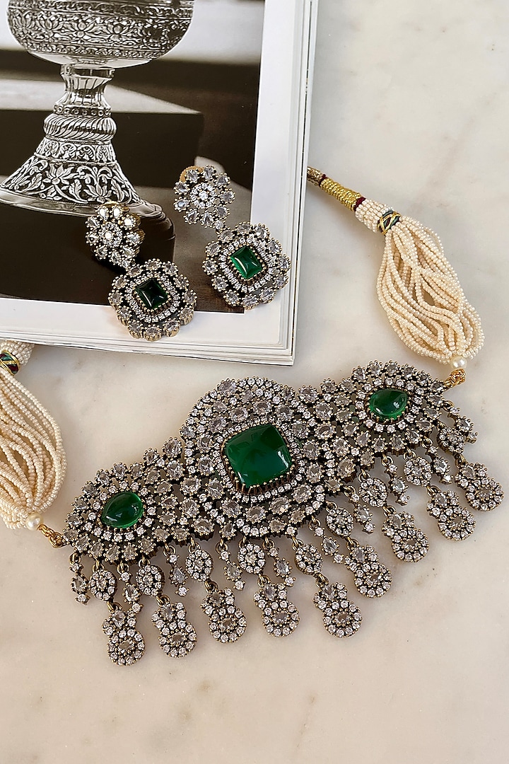 Gold Finish Zirons & Emerald Stone Choker Necklace Set by Saga Jewels at Pernia's Pop Up Shop