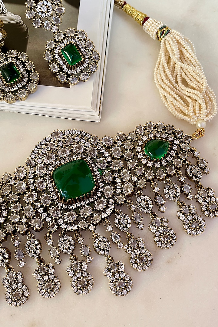 Gold Finish Zirons & Emerald Stone Choker Necklace Set by Saga Jewels at Pernia's Pop Up Shop
