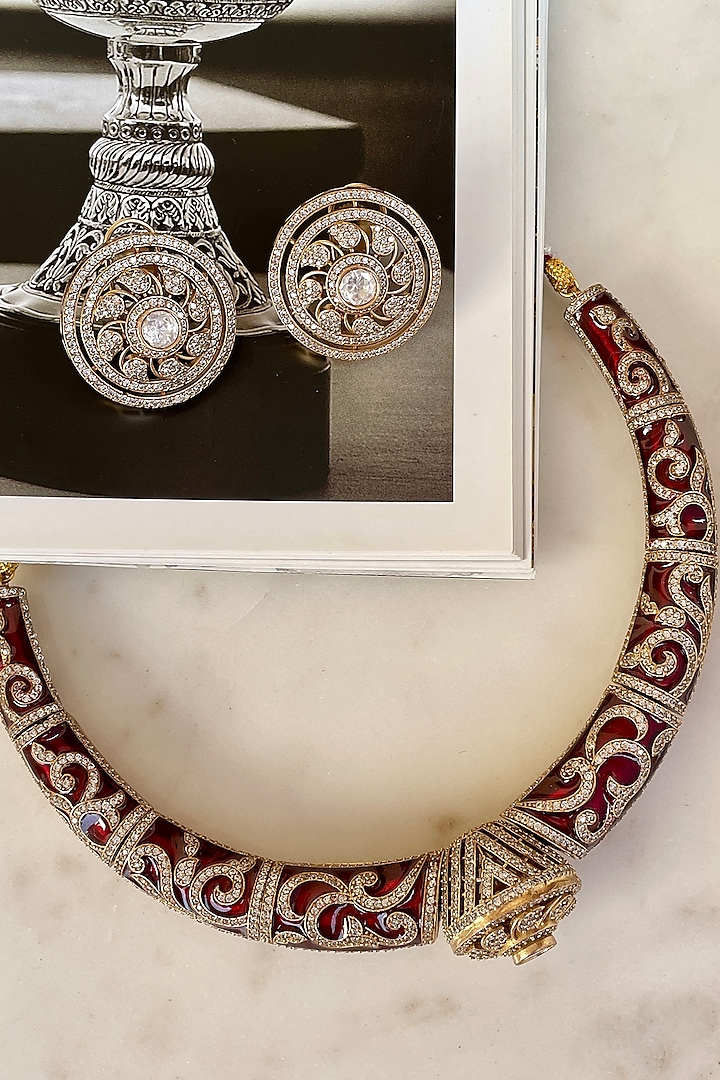 Gold Finish Kundan Polki Red Meenakari Choker Necklace Set by Saga Jewels at Pernia's Pop Up Shop