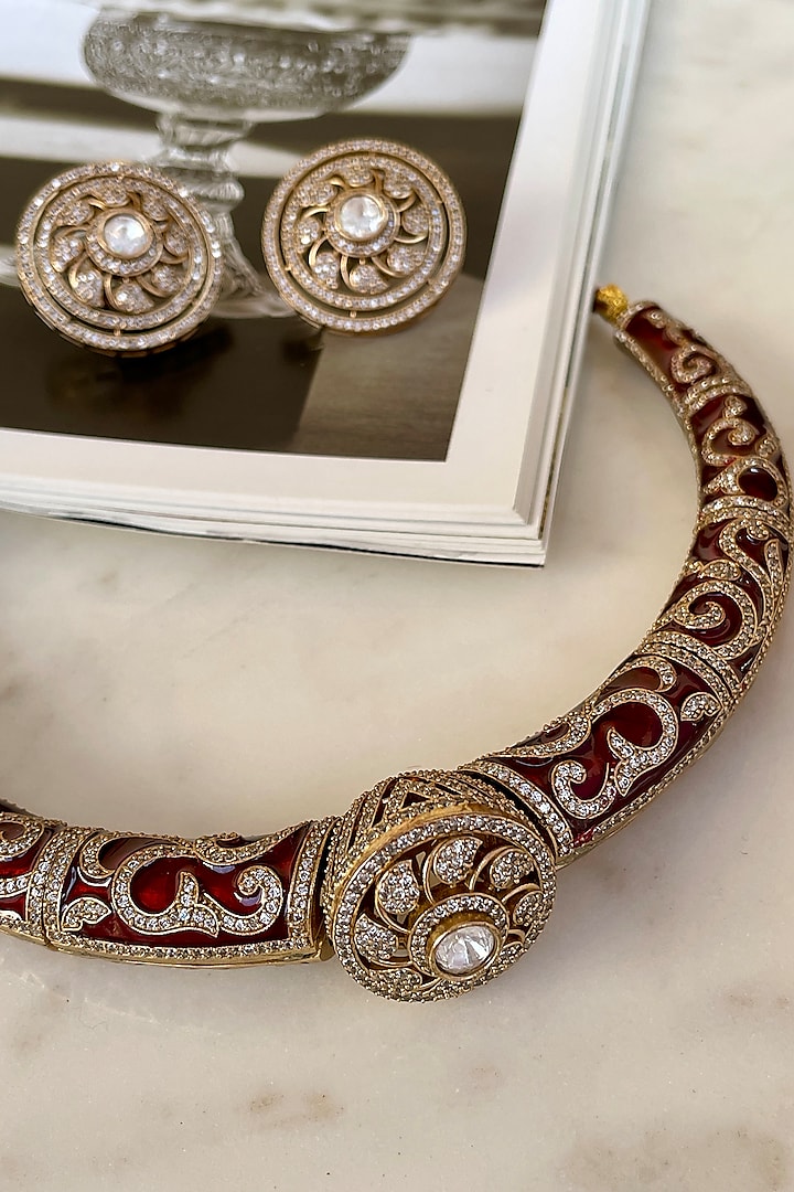 Gold Finish Kundan Polki Red Meenakari Choker Necklace Set by Saga Jewels at Pernia's Pop Up Shop