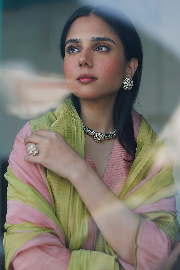 Gold Finish Kundan Polki Blue Meenakari Choker Necklace Set by Saga Jewels at Pernia's Pop Up Shop